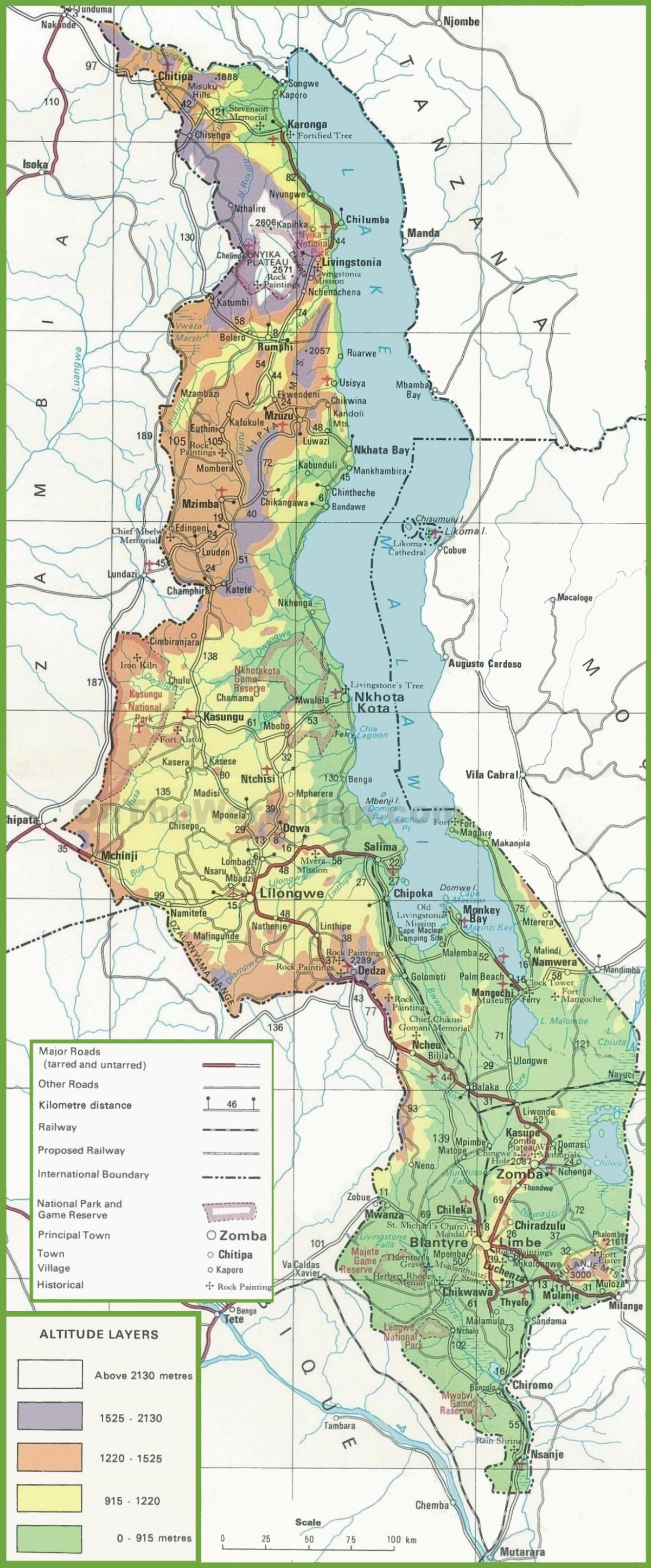 mapa fisikoa mapa Malawi