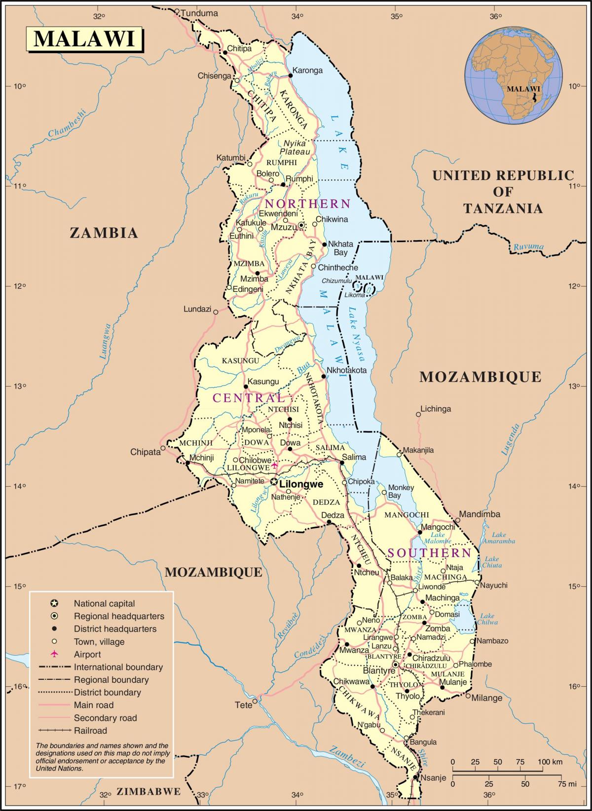 mapa Malawi erakutsiz errepideak